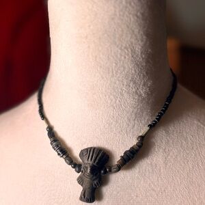 Antique Beaded Necklace with Aztec Warrior Carved Lava Stone Tribal Pendant